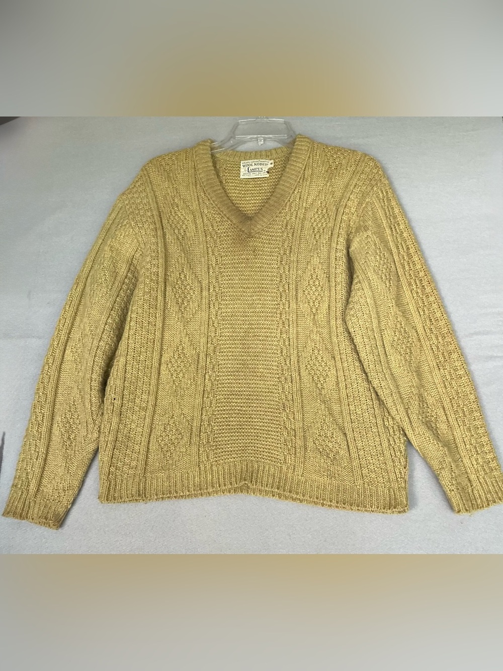 Vintage Campus Men Sz 18 XL Yellow Cable Knit V-Neck Sweater Made In USA Grandpa